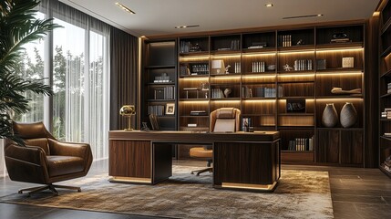 A stylish executive office with a large desk, leather chair, and bookshelves.