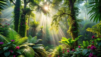 Obraz premium Lush Tropical Rainforest with Sunbeams Piercing Through Canopy