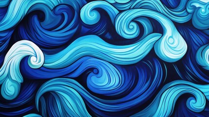 Abstract Ocean Wave Painting: Deep Blue Swirls and Turquoise Curls