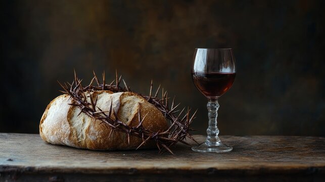 Bread, a cup of wine, and a crown of thorns beautifully arranged on an old table create a striking composition that evokes deep reflection and symbolism around the themes of bread and wine.
