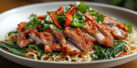 Fototapeta premium Sliced fried meat served with fresh greens atop a bed of noodles creates a delightful culinary experience. This dish features sliced fried meat combined with vibrant greens and flavorful noodles.