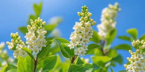 Fototapeta premium Close up of a shrub featuring lush green foliage and delicate white flowers, some still in closed buds, set against a vivid blue sky during the vibrant spring season. Shrub details are highlighted