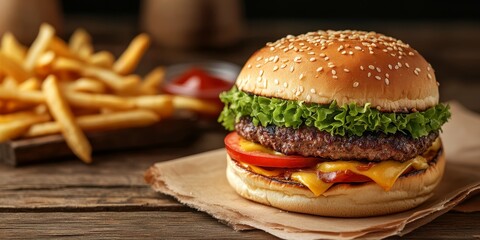 Delicious big tasty burger served with crispy fries on a rustic wooden table, showcasing the appetizing combination of a big tasty burger and fries for a mouthwatering experience.