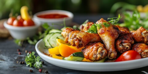 Delicious chicken wings appetizer served with fresh vegetables and dip on a stylish table. This appetizing chicken wings dish is perfect for sharing at gatherings or enjoying on its own.