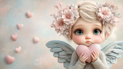 Fototapeta premium Winged cupid amid flowers and hearts on a soft, gentle background for Valentine's Day.