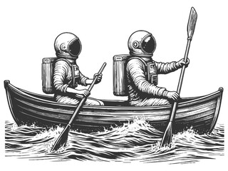 Two Astronauts spacemen rowing in wooden boat sketch engraving vector illustration. Scratch board style imitation. Black and white hand drawn style generative ai image. 