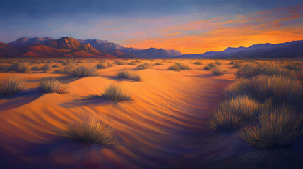 Naklejka premium Majestic Desert Sunset: Vibrant Colors and Serene Landscape