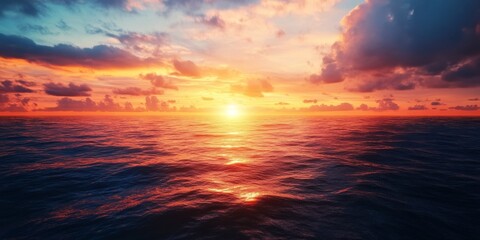 Fototapeta premium Ocean sunset casting vibrant colors over the horizon, showcasing the beauty of the ocean as the sun sets towards the land, creating a picturesque view of the ocean at dusk.