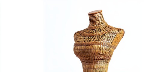 Antique dress form made of rattan, showcasing exquisite craftsmanship. This rattan dress form is isolated on a white background, perfect for highlighting its unique design and details.