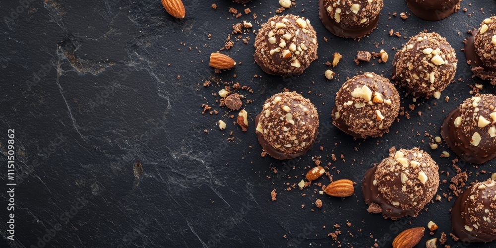 Poster an overhead view showcases chocolate truffles adorned with nuts and cookie crumbs, set against a dar