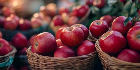 Harvest of red apples displayed in baskets, showcasing the vibrant colors and freshness of the red apple fruits. These red apple fruits highlight the abundance of the harvest season.