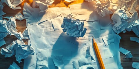 Obraz premium Crumpled papers scattered on a desk alongside a pencil create a dynamic workspace. This scene featuring crumpled papers and a pencil evokes creativity and brainstorming moments.