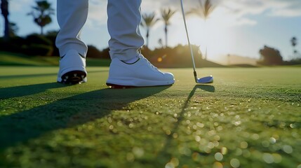 A close-up of a golfer's form during a putting session highlighting their distinctive approach on the idyllic setting of the golf course