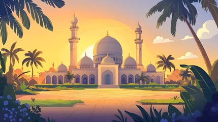 luxurious and magnificent mosque building, with a large and beautiful garden, with a beautiful view of the sunset in the afternoon