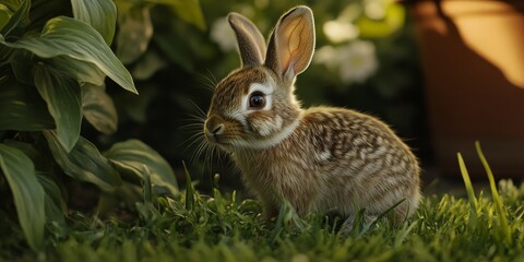 Obraz premium A little brown rabbit enjoying grass in a farm courtyard, showcasing the adorable bunny s playful nature while nibbling on fresh greenery in a serene outdoor setting.