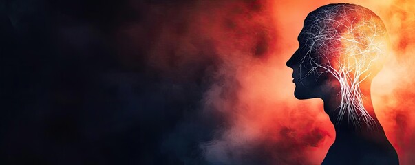 Alzheimer disease idea. A silhouette of a human head with glowing neural pathways against a fiery background.