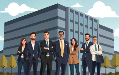 Personnes d’affaires en travail d’équipe, illustration vectorielle de personnages, devant l'immeuble de l'entreprise