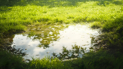 Obraz premium Sunlit Puddle in Lush Green Grass After the Rain