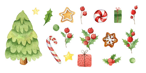 Watercolor illustration of christmas tree, gifts and other decor