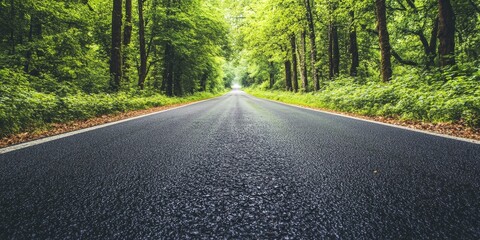 Obraz premium Asphalt road surrounded by lush green forest, showcasing the contrast between the empty asphalt road and vibrant greenery, perfect for illustrating serene journeys on an asphalt road.
