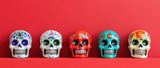 Five intricately designed skulls in vibrant colors, perfect for celebrations and home decor.