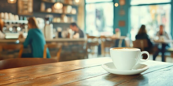 Blurred coffee scene in a vintage style cafe featuring customers in the background. This coffee setting captures a relaxed atmosphere, ideal for showcasing a coffee lifestyle.
