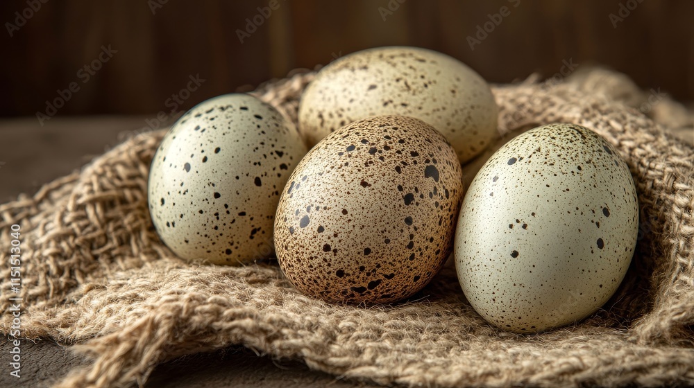 Poster Speckled chicken eggs displayed on a sack, creating a rustic style against a wooden background, showcase the charm of speckled chicken eggs in a natural setting.
