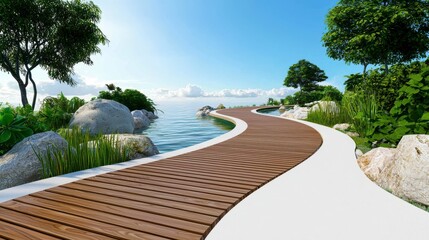 Obraz premium A wooden path leads to a body of water