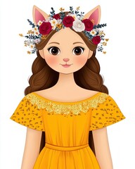 A charming illustration of a cat girl wearing a yellow dress and floral crown.