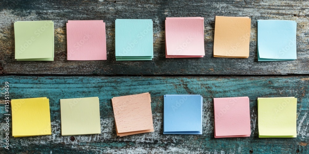 Poster vintage sticky notes arranged on a rustic wooden background create a charming display, perfect for s