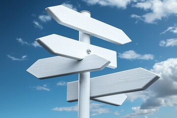 A blank directional signpost stands under a clear blue sky with scattered clouds, symbolizing choices and directions in travel and decision making.