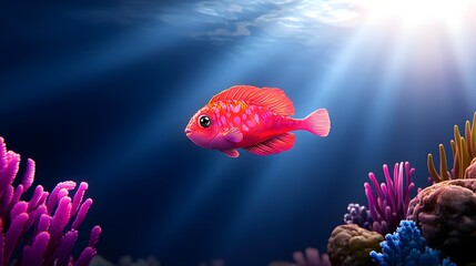 Obraz premium Vibrant Pink Fish Swimming Gracefully Among Colorful Coral in an Underwater Scene with Sunlight Streaming Through the Ocean Water