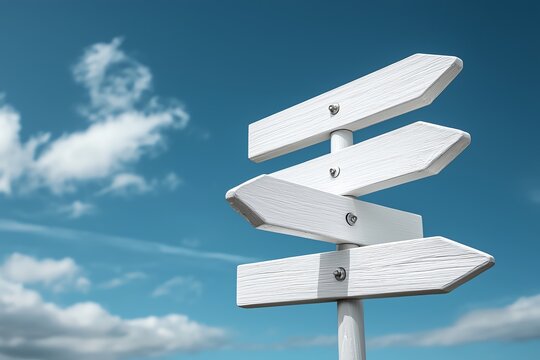 A blank white directional signpost under a clear blue sky, symbolizing choices and directions. Ideal for travel themes, navigation concepts, and decision-making imagery.