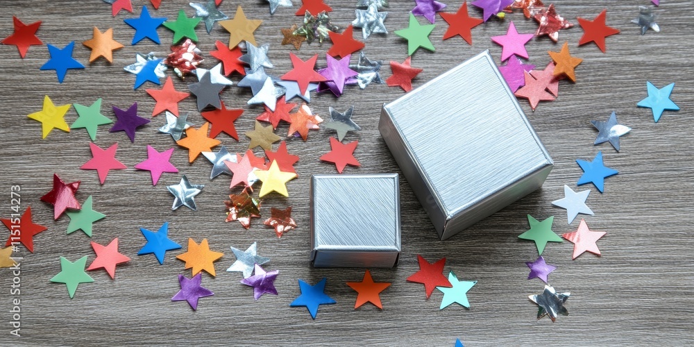 Poster two small silver boxes surrounded by colorful paper stars scattered around a large silver box on a w