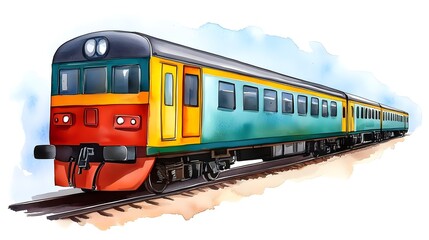 Vibrant Illustration of a Colorful Train on Tracks with Blue Sky Background
