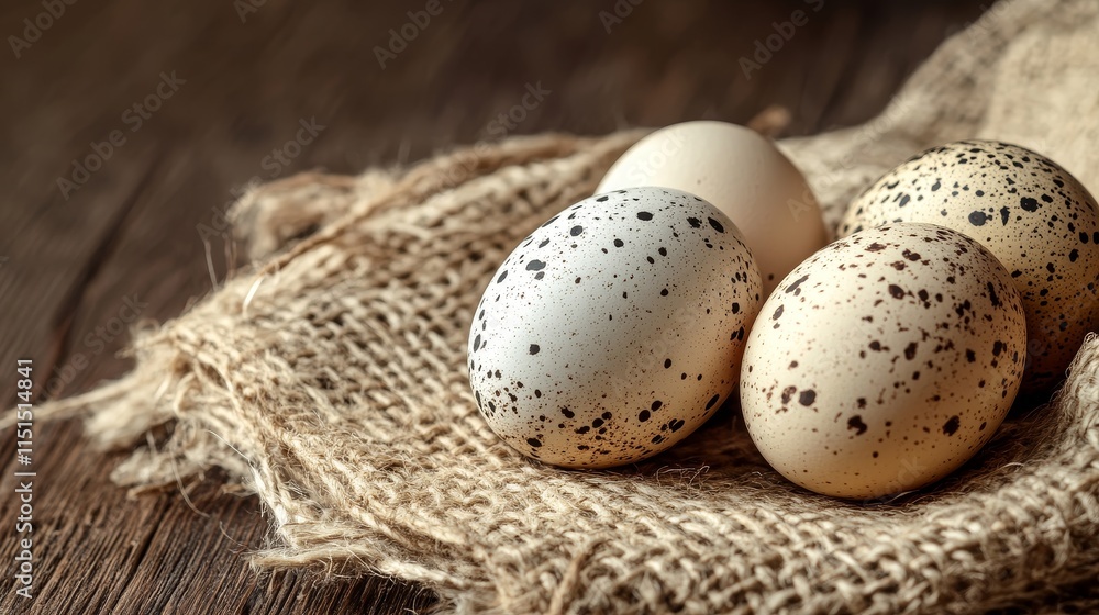 Poster speckled chicken eggs displayed on a sack, creating a rustic style against a wooden background, show