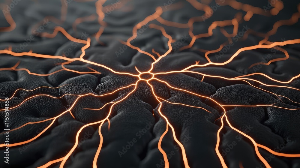 Poster alzheimer disease idea. a close-up view of molten lava patterns with glowing orange lines on a dark 