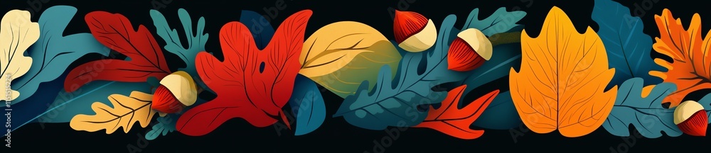Poster Colorful, abstract autumn leaves create a vibrant and artistic display. Various leaf shapes and hues form a beautiful pattern, capturing the essence of fall in a unique design.