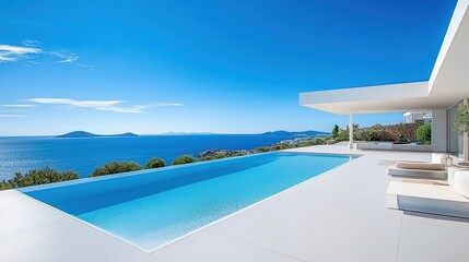 Fototapeta premium A sleek, minimalist white villa with an infinity pool overlooking the Mediterranean Sea under clear blue skies. 