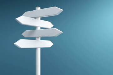 Minimalist image of a white signpost with multiple directional arrows against a blue background, symbolizing choice and direction in travel or decision making.