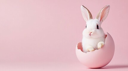 Fototapeta premium Cute White Rabbit Emerging from Pink Egg on Soft Pink Background