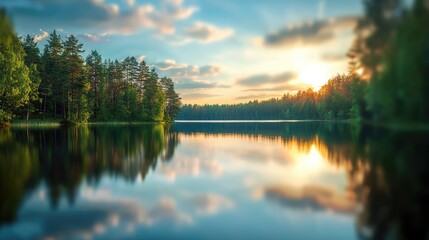 Obraz premium Serene lake at sunset with reflections and lush greenery