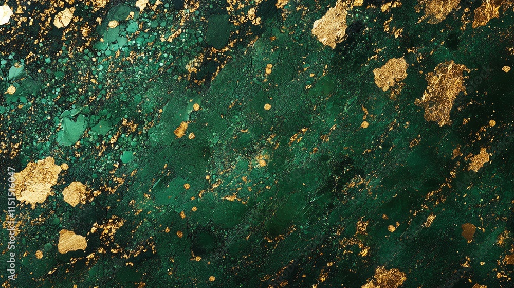 Poster abstract green and gold texture with splattered metallic patterns and vibrant color design.