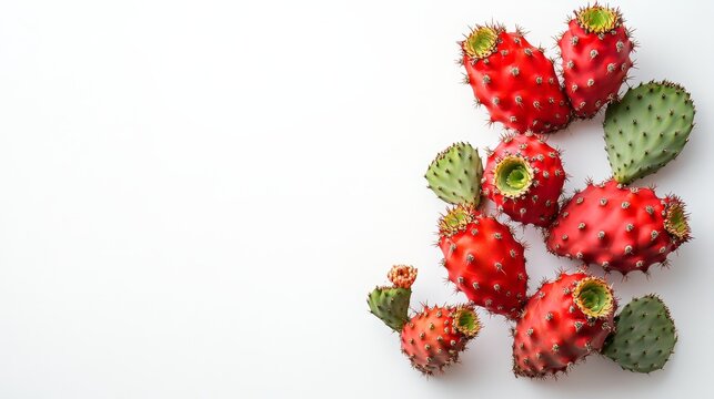 Red prickly pear, also known as opuntia, prominently displayed on a white background, offers ample copy space for your text. A striking top view flat lay featuring the vibrant red prickly pear.