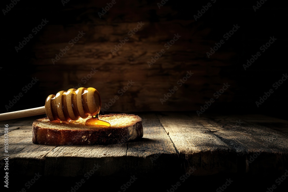 Poster artistic presentation of honey drizzling onto freshly sliced bread with minimalistic backdrop and dr