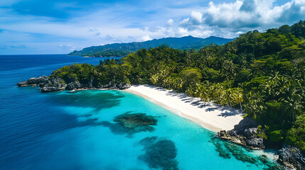 Fototapeta premium Tropical Island Paradise: White Sand Beach and Crystal-Clear Ocean