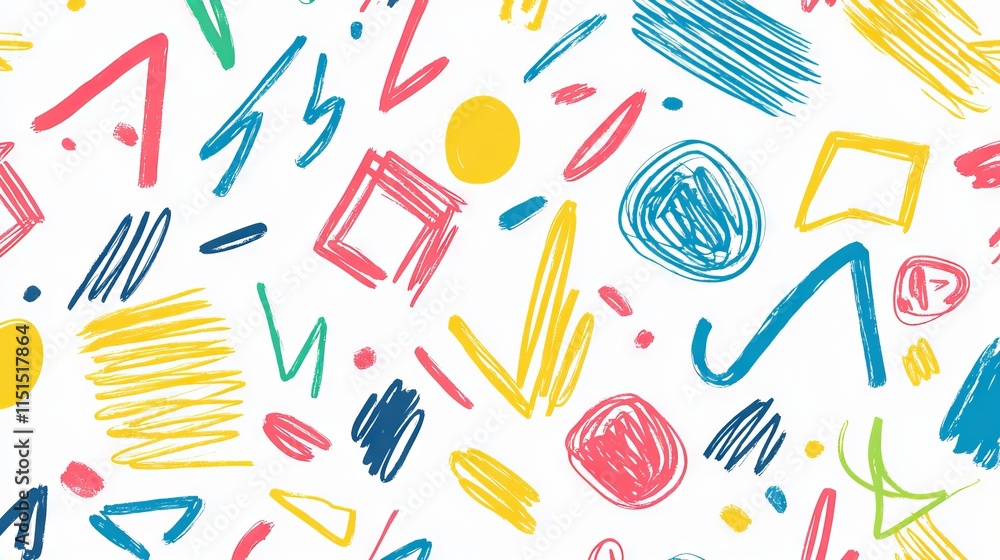 Poster bright and colorful seamless doodle pattern with basic shapes and minimalist scribbles, perfect crea