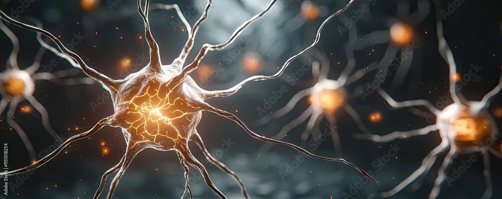 Poster alzheimer disease idea. a close-up view of neurons showing connections and activity within a digital