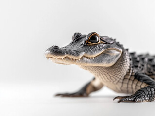 Fototapeta premium An alligator stands on all fours in front of a white background, completely isolated and in full splendor.