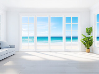 Fototapeta premium Modern living room interior with large floor-to-ceiling windows overlooking a serene beach view. Minimalist design with ample natural light and clean aesthetics.